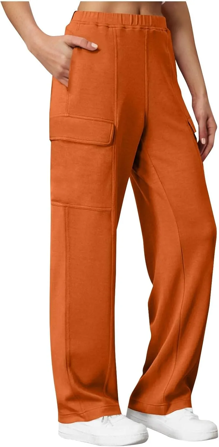 Womens Elastic Waist Cargo Pants Fashion Loose Workout Wide Leg Sweatpant Stretchy Fabric Street Style Casual Trouser