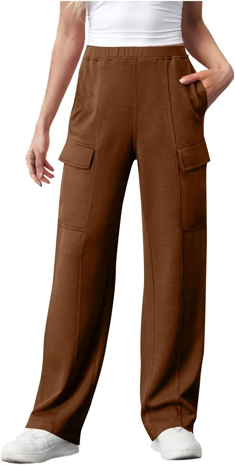Womens Elastic Waist Cargo Pants Fashion Loose Workout Wide Leg Sweatpant Stretchy Fabric Street Style Casual Trouser