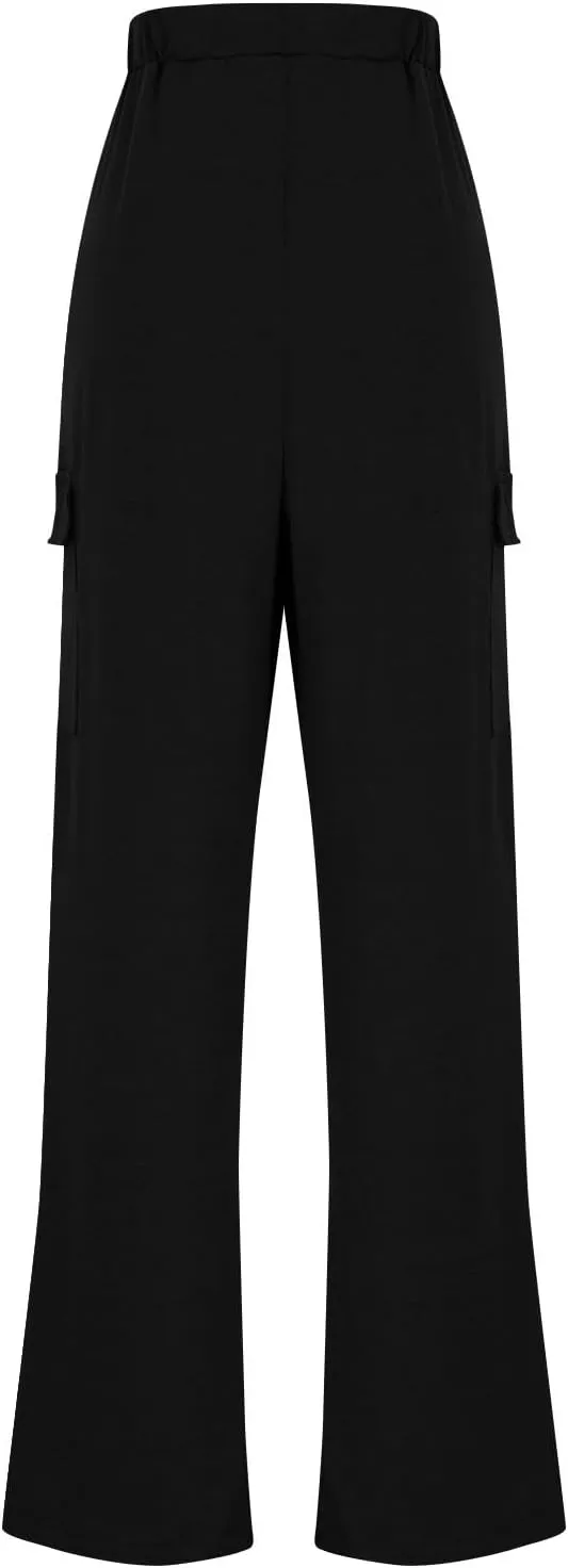 Womens Elastic Waist Cargo Pants Fashion Loose Workout Wide Leg Sweatpant Stretchy Fabric Street Style Casual Trouser