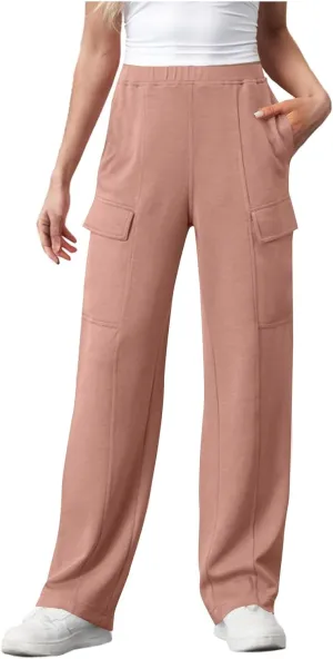 Womens Elastic Waist Cargo Pants Fashion Loose Workout Wide Leg Sweatpant Stretchy Fabric Street Style Casual Trouser