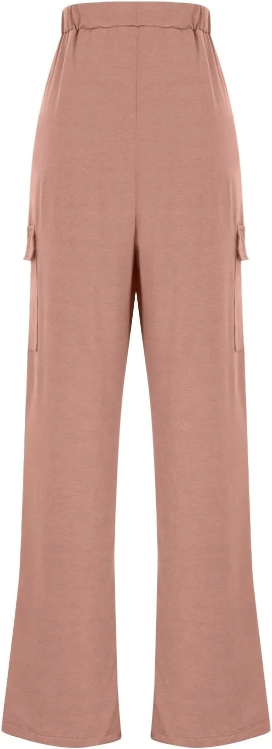 Womens Elastic Waist Cargo Pants Fashion Loose Workout Wide Leg Sweatpant Stretchy Fabric Street Style Casual Trouser