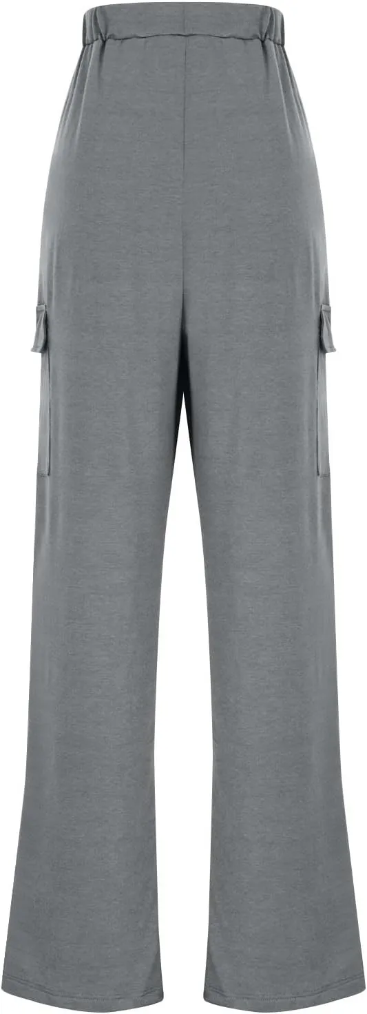 Womens Elastic Waist Cargo Pants Fashion Loose Workout Wide Leg Sweatpant Stretchy Fabric Street Style Casual Trouser