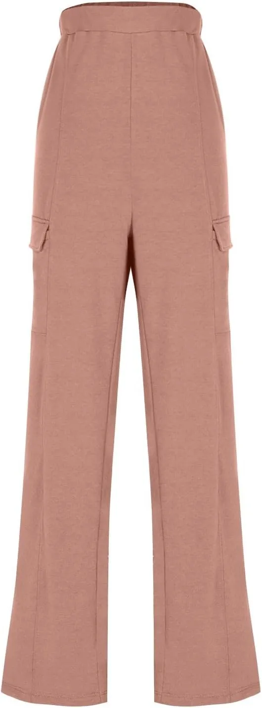 Womens Elastic Waist Cargo Pants Fashion Loose Workout Wide Leg Sweatpant Stretchy Fabric Street Style Casual Trouser