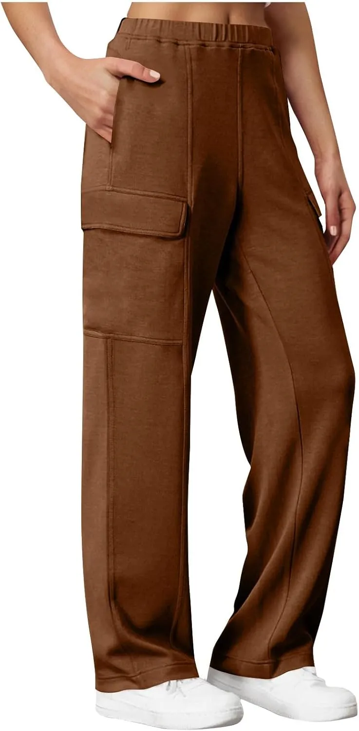 Womens Elastic Waist Cargo Pants Fashion Loose Workout Wide Leg Sweatpant Stretchy Fabric Street Style Casual Trouser