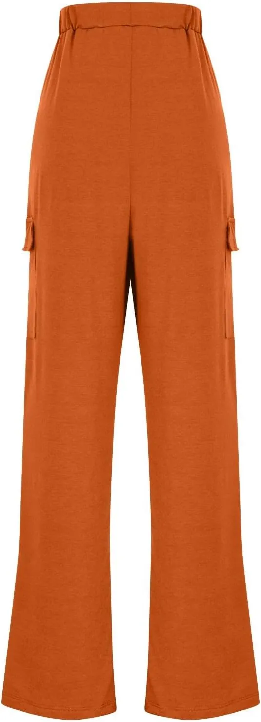 Womens Elastic Waist Cargo Pants Fashion Loose Workout Wide Leg Sweatpant Stretchy Fabric Street Style Casual Trouser