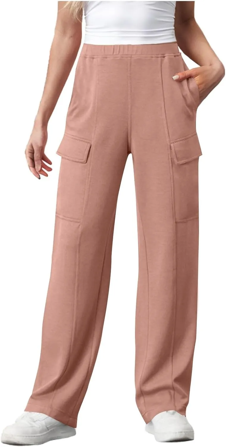 Womens Elastic Waist Cargo Pants Fashion Loose Workout Wide Leg Sweatpant Stretchy Fabric Street Style Casual Trouser
