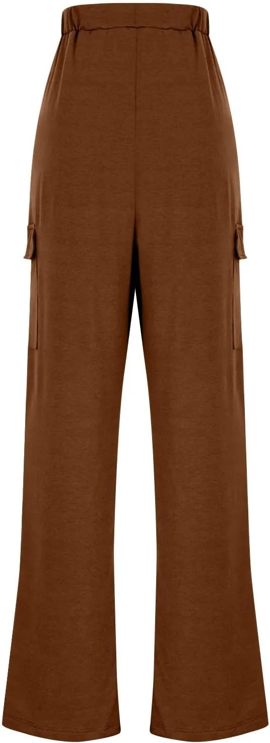 Womens Elastic Waist Cargo Pants Fashion Loose Workout Wide Leg Sweatpant Stretchy Fabric Street Style Casual Trouser