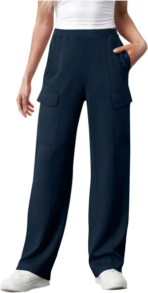Womens Elastic Waist Cargo Pants Fashion Loose Workout Wide Leg Sweatpant Stretchy Fabric Street Style Casual Trouser