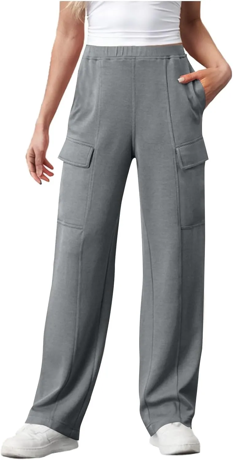 Womens Elastic Waist Cargo Pants Fashion Loose Workout Wide Leg Sweatpant Stretchy Fabric Street Style Casual Trouser