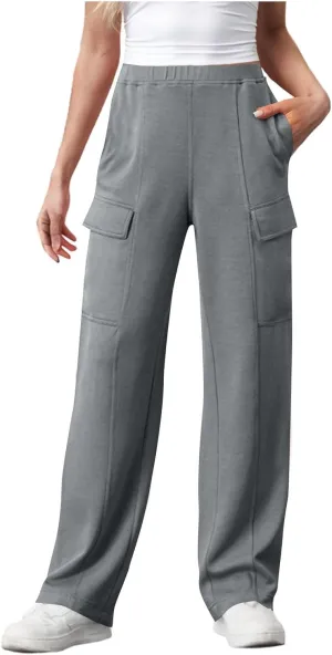 Womens Elastic Waist Cargo Pants Fashion Loose Workout Wide Leg Sweatpant Stretchy Fabric Street Style Casual Trouser