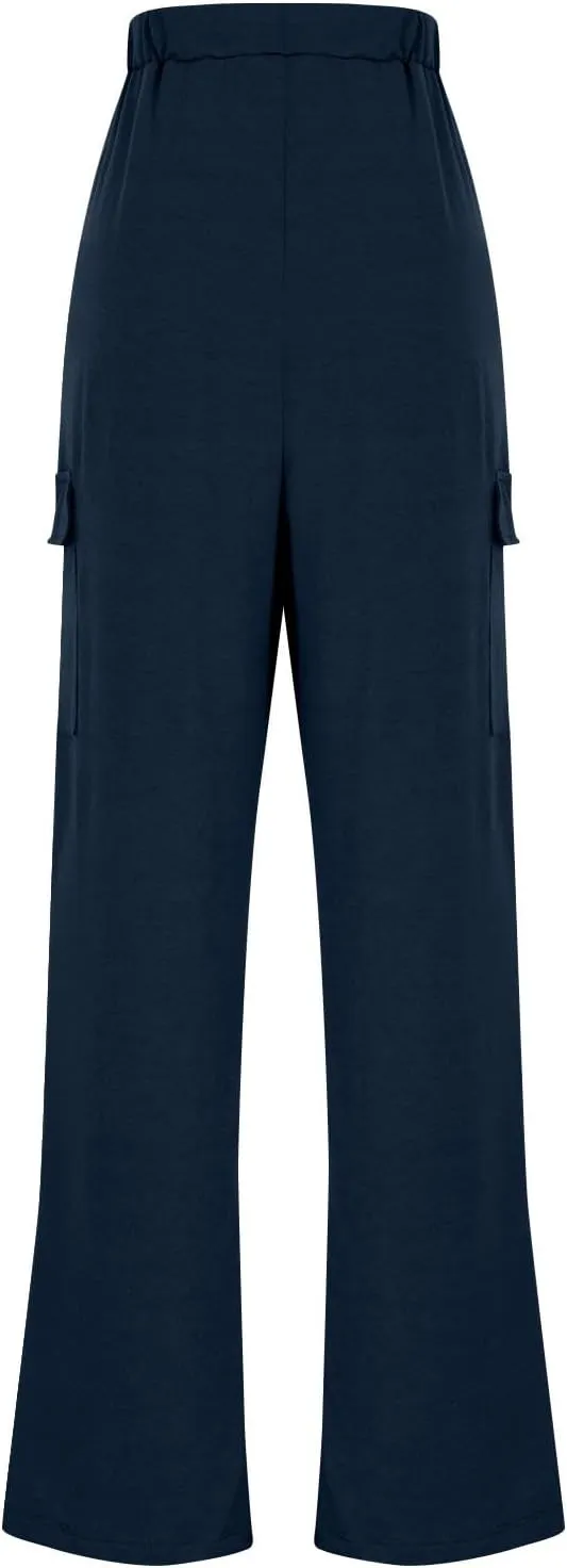 Womens Elastic Waist Cargo Pants Fashion Loose Workout Wide Leg Sweatpant Stretchy Fabric Street Style Casual Trouser
