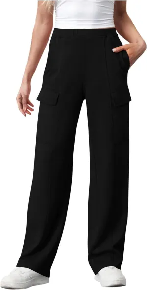 Womens Elastic Waist Cargo Pants Fashion Loose Workout Wide Leg Sweatpant Stretchy Fabric Street Style Casual Trouser