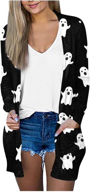 Womens Fashion Halloween Long Sleeve Cardigan Fall Open Front Cardigan Pumpkin Print Medium Length Coat