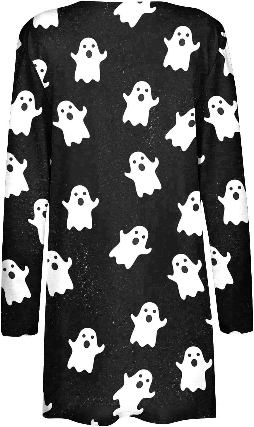 Womens Fashion Halloween Long Sleeve Cardigan Fall Open Front Cardigan Pumpkin Print Medium Length Coat
