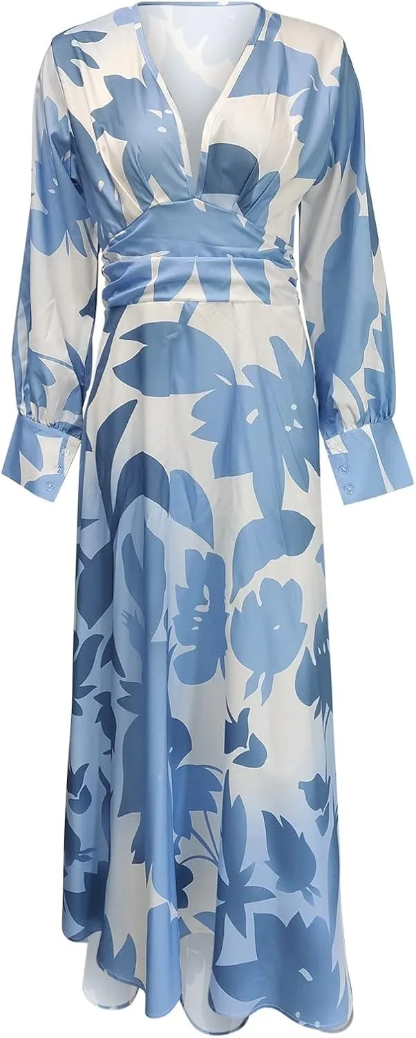 Women's Fashionable and Comfortable High Waist Temperament Printed V Neck Casual Dress Comfy Summer Dresses for