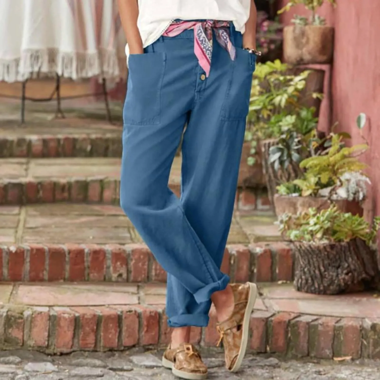 Women's Fashionable Ankle Pants Trendy Cotton Linen Lounge Trouser Versatile Work Home Office Yoga Hiking Casual Pant