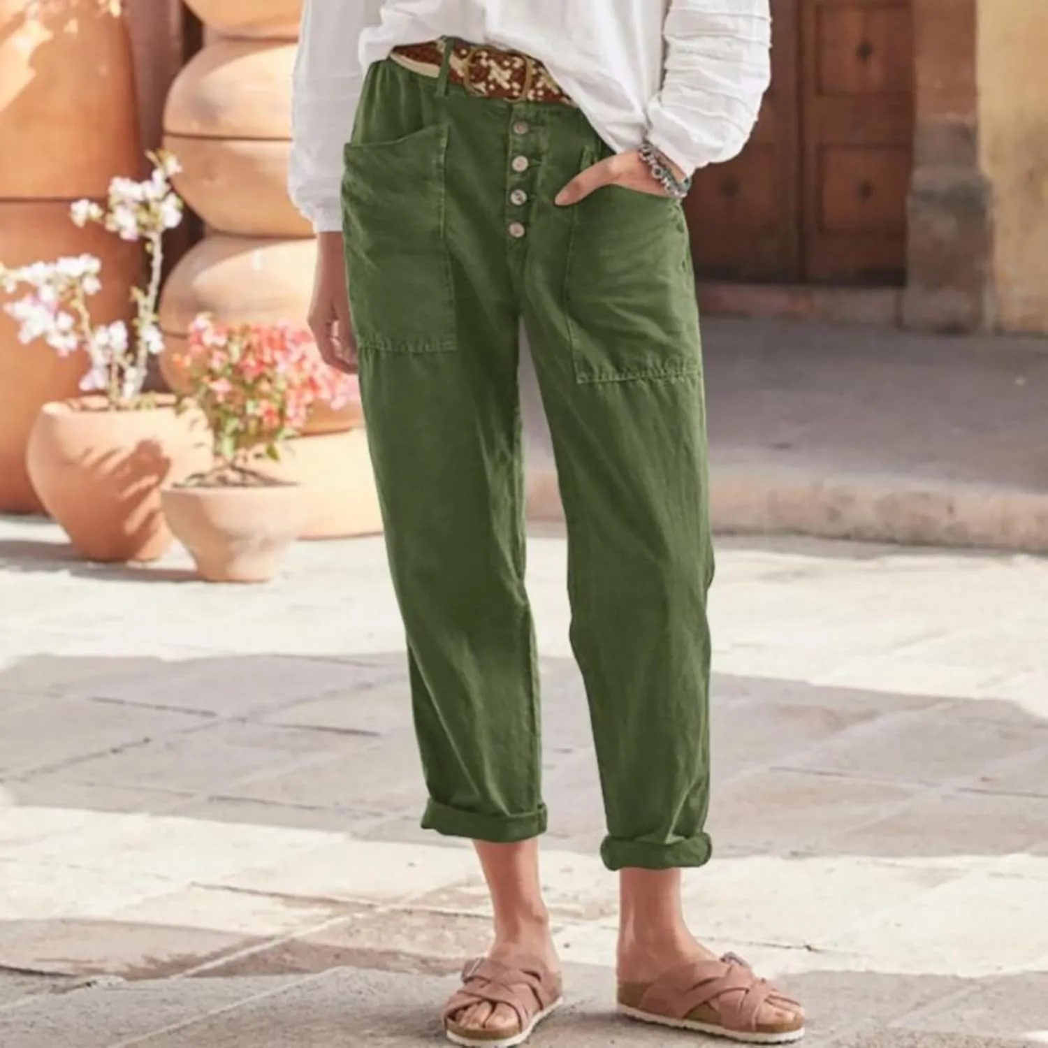 Women's Fashionable Ankle Pants Trendy Cotton Linen Lounge Trouser Versatile Work Home Office Yoga Hiking Casual Pant