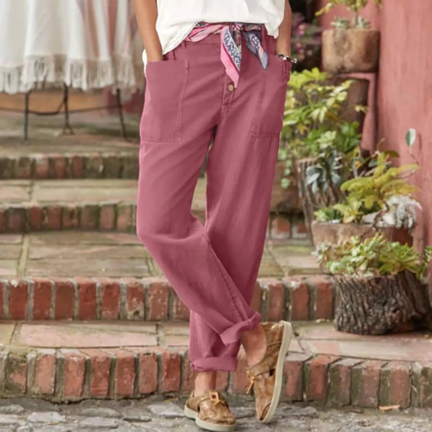 Women's Fashionable Ankle Pants Trendy Cotton Linen Lounge Trouser Versatile Work Home Office Yoga Hiking Casual Pant