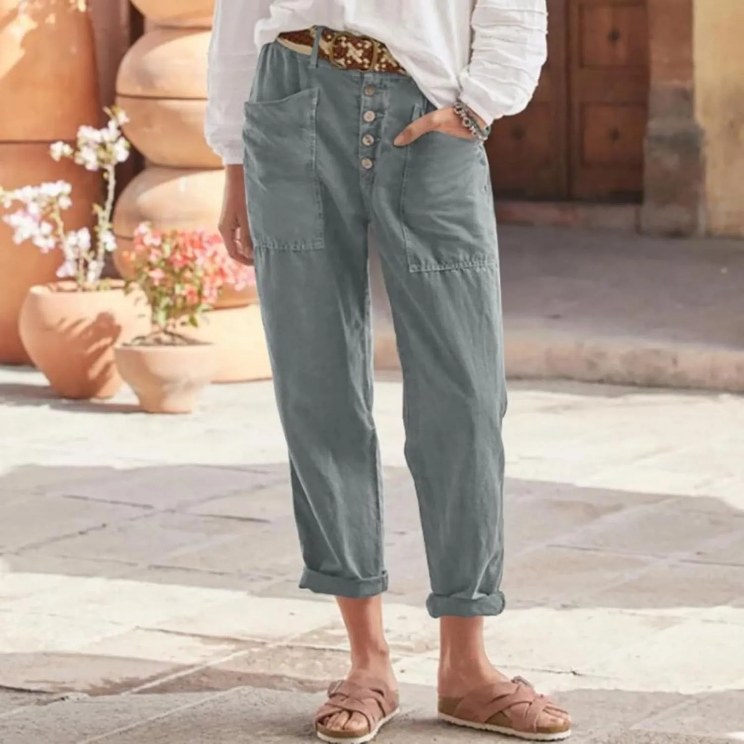 Women's Fashionable Ankle Pants Trendy Cotton Linen Lounge Trouser Versatile Work Home Office Yoga Hiking Casual Pant