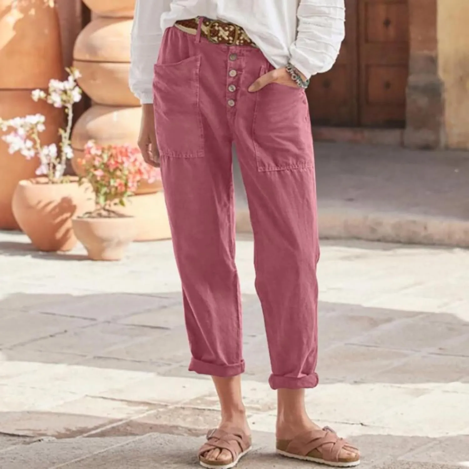 Women's Fashionable Ankle Pants Trendy Cotton Linen Lounge Trouser Versatile Work Home Office Yoga Hiking Casual Pant