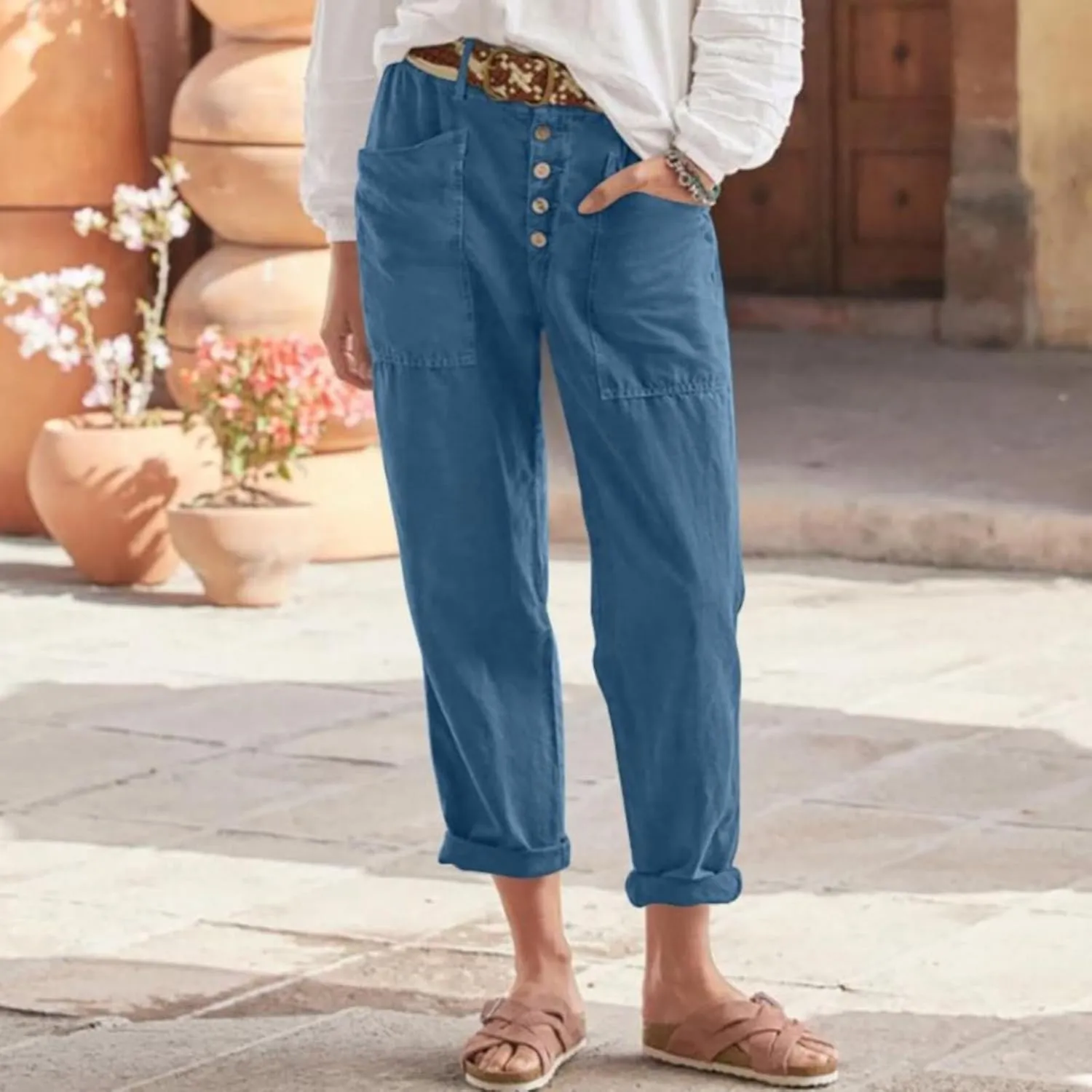 Women's Fashionable Ankle Pants Trendy Cotton Linen Lounge Trouser Versatile Work Home Office Yoga Hiking Casual Pant