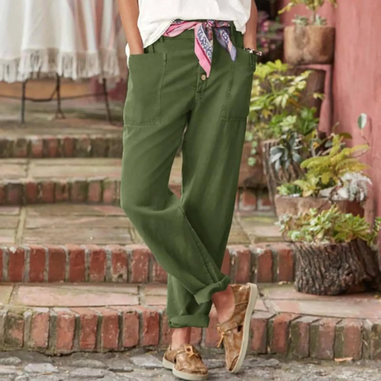 Women's Fashionable Ankle Pants Trendy Cotton Linen Lounge Trouser Versatile Work Home Office Yoga Hiking Casual Pant