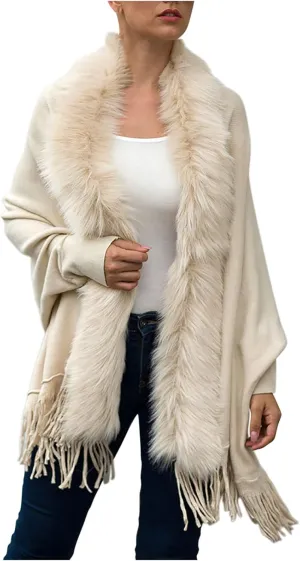 Women's Faux Fur Collar Cardigan Sweater Elegant Batwing Long Sleeve Knit Cape Tassel Shawl Open Front Outerwear Cloak