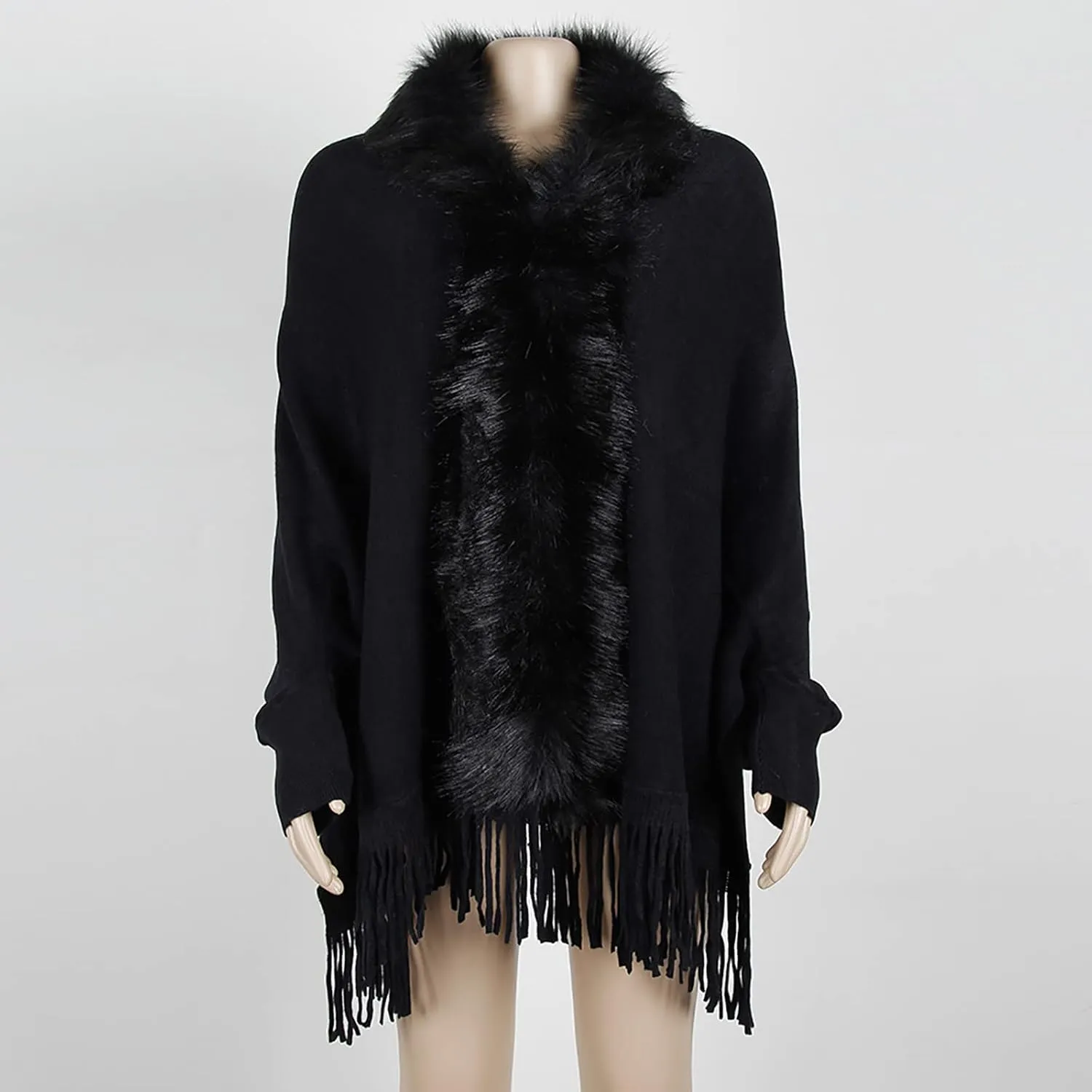 Women's Faux Fur Collar Cardigan Sweater Elegant Batwing Long Sleeve Knit Cape Tassel Shawl Open Front Outerwear Cloak