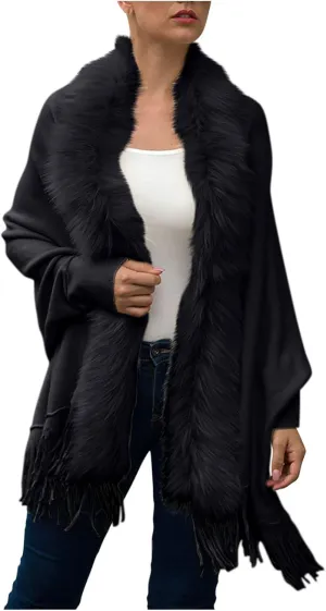 Women's Faux Fur Collar Cardigan Sweater Elegant Batwing Long Sleeve Knit Cape Tassel Shawl Open Front Outerwear Cloak