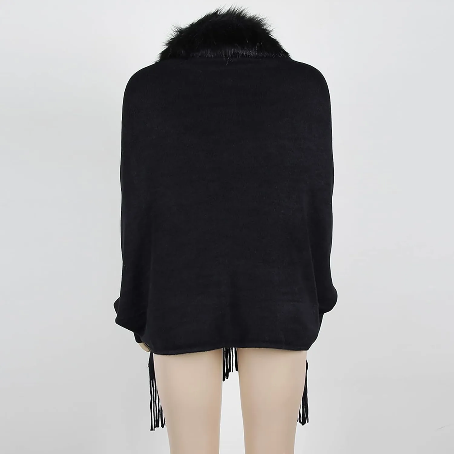 Women's Faux Fur Collar Cardigan Sweater Elegant Batwing Long Sleeve Knit Cape Tassel Shawl Open Front Outerwear Cloak