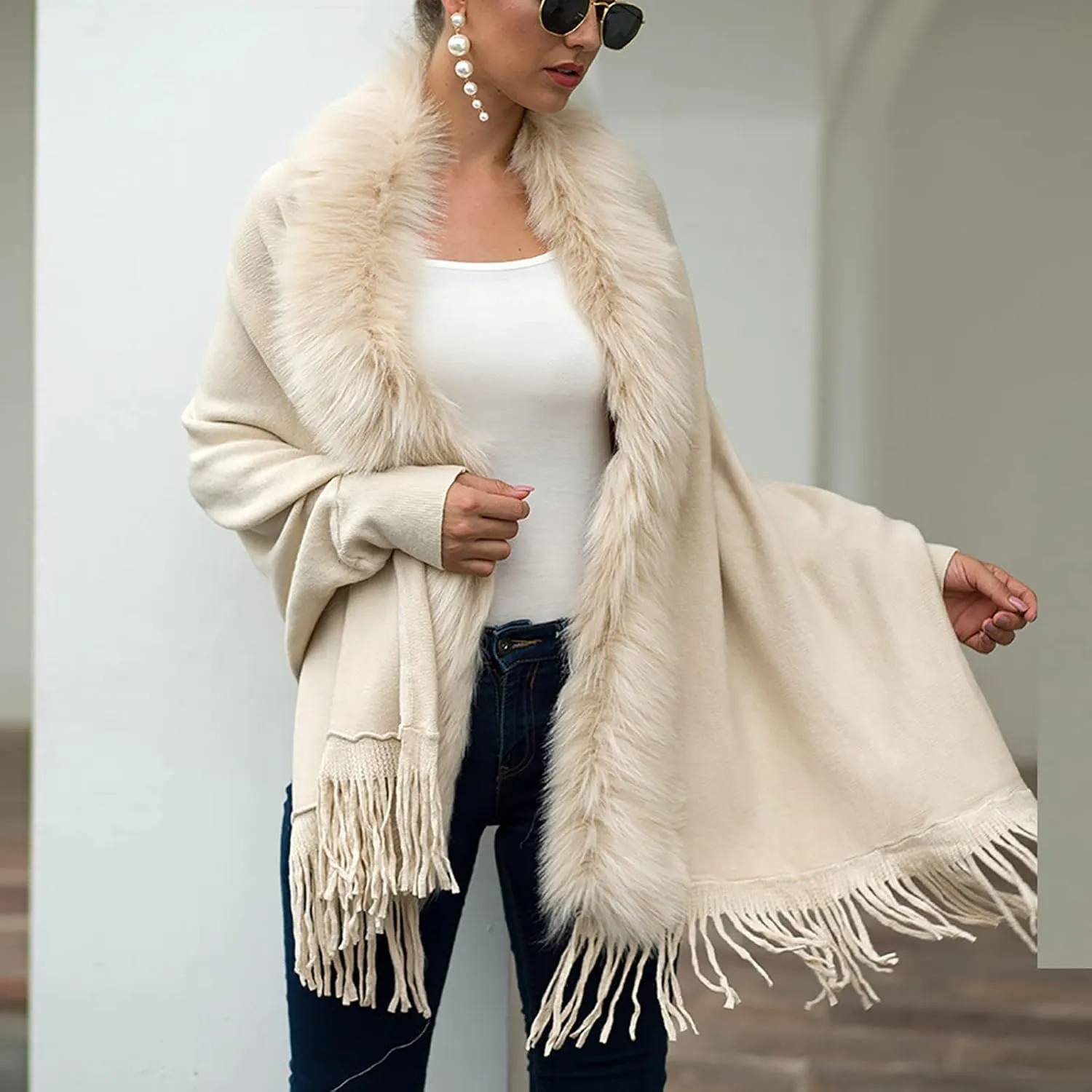 Women's Faux Fur Collar Cardigan Sweater Elegant Batwing Long Sleeve Knit Cape Tassel Shawl Open Front Outerwear Cloak