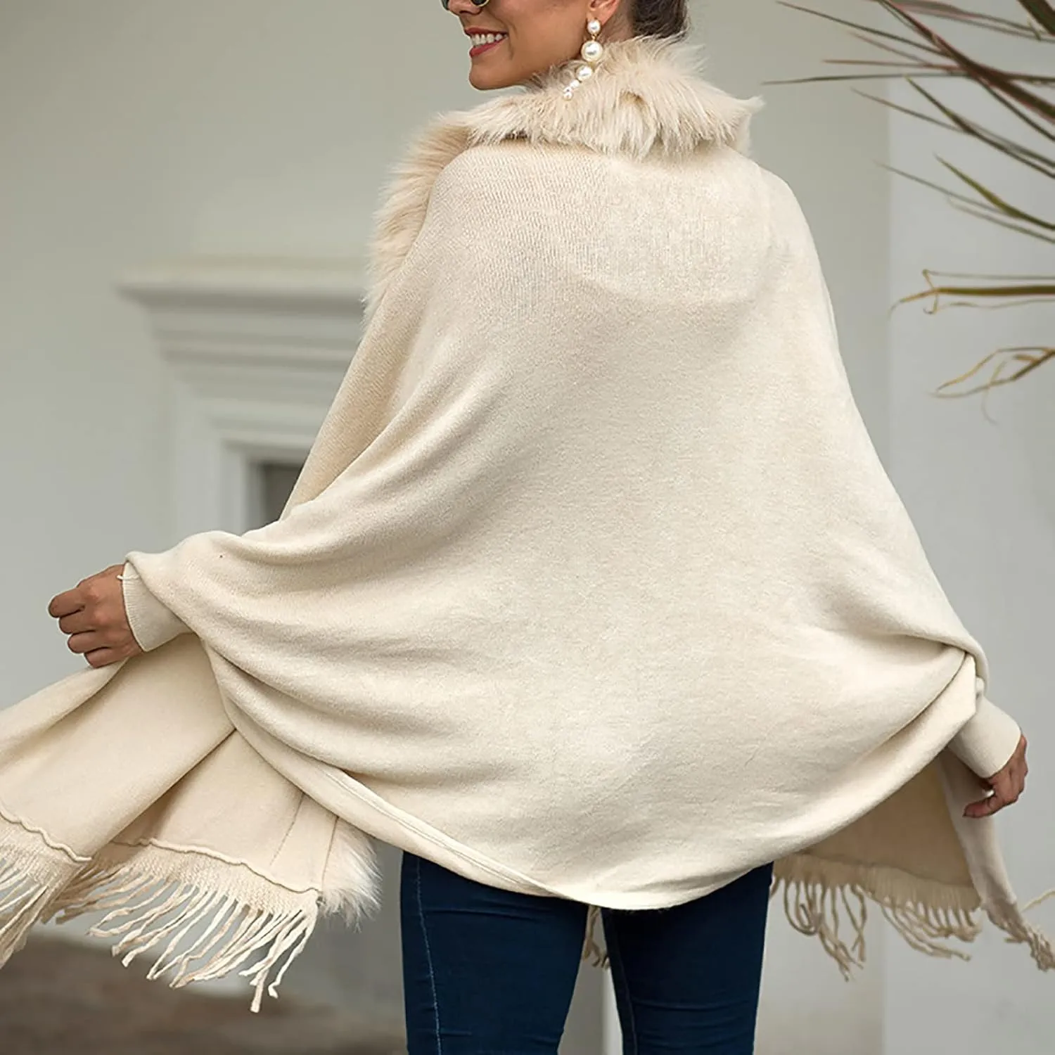 Women's Faux Fur Collar Cardigan Sweater Elegant Batwing Long Sleeve Knit Cape Tassel Shawl Open Front Outerwear Cloak