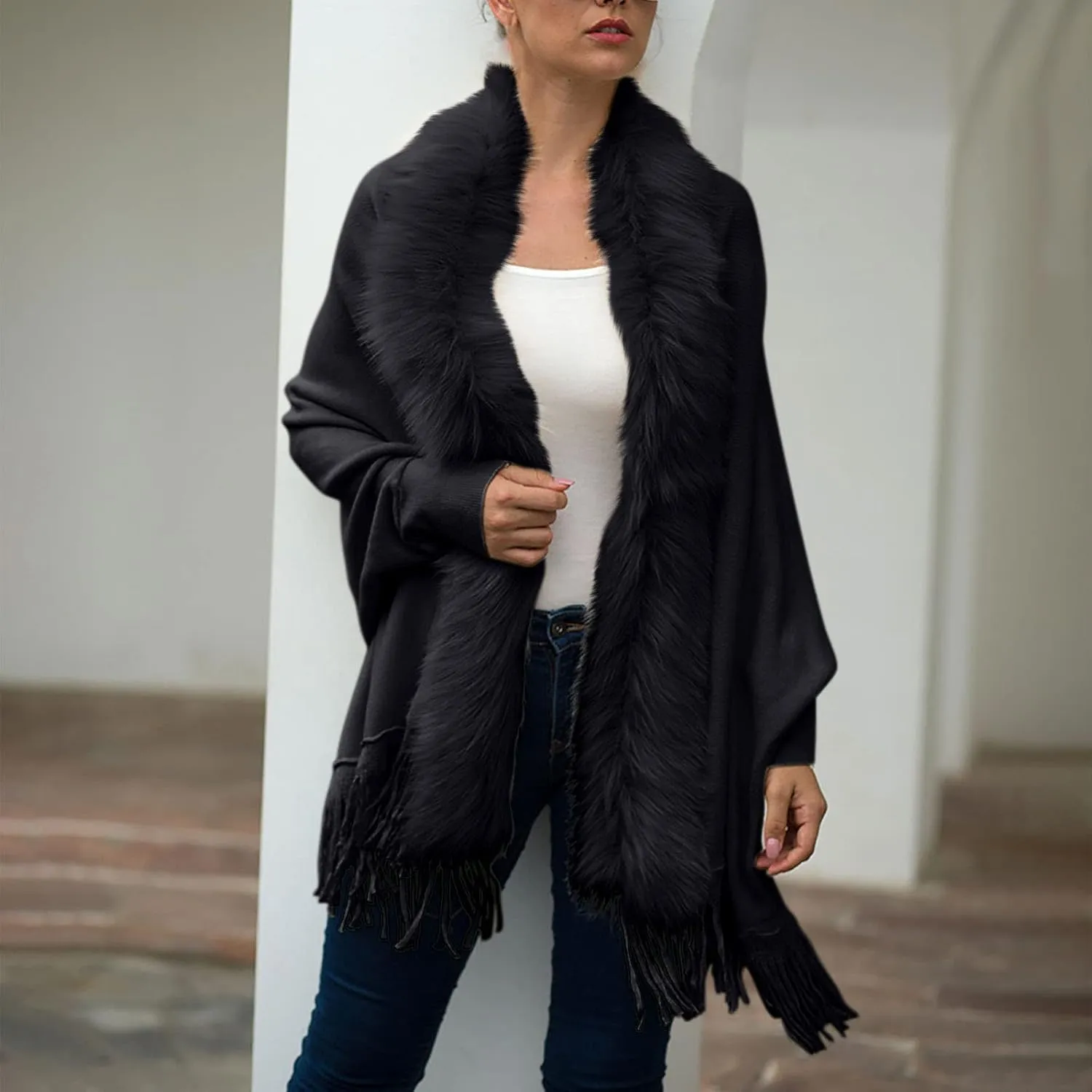 Women's Faux Fur Collar Cardigan Sweater Elegant Batwing Long Sleeve Knit Cape Tassel Shawl Open Front Outerwear Cloak