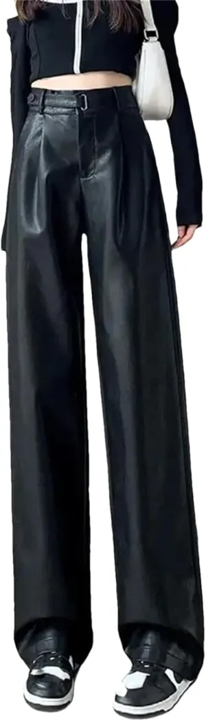 Women's Faux Leather Pants Straight Wide Leg Leather Pants Bussiness Office Elastic Waist Trousers with Pockets