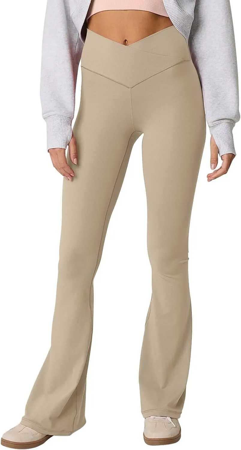 Womens Flare Leggings Cross Over High Waisted Leggings Trouser Style Flared Yoga Pants Gym Workout Running Leggings