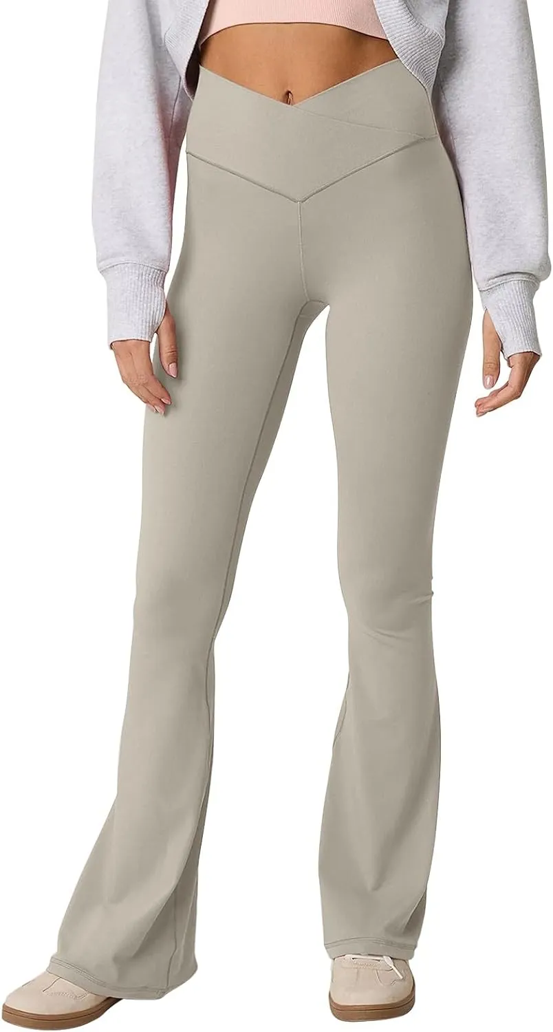 Womens Flare Leggings Cross Over High Waisted Leggings Trouser Style Flared Yoga Pants Gym Workout Running Leggings