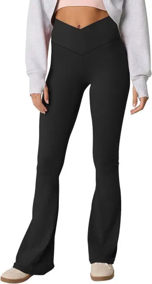Womens Flare Leggings Cross Over High Waisted Leggings Trouser Style Flared Yoga Pants Gym Workout Running Leggings