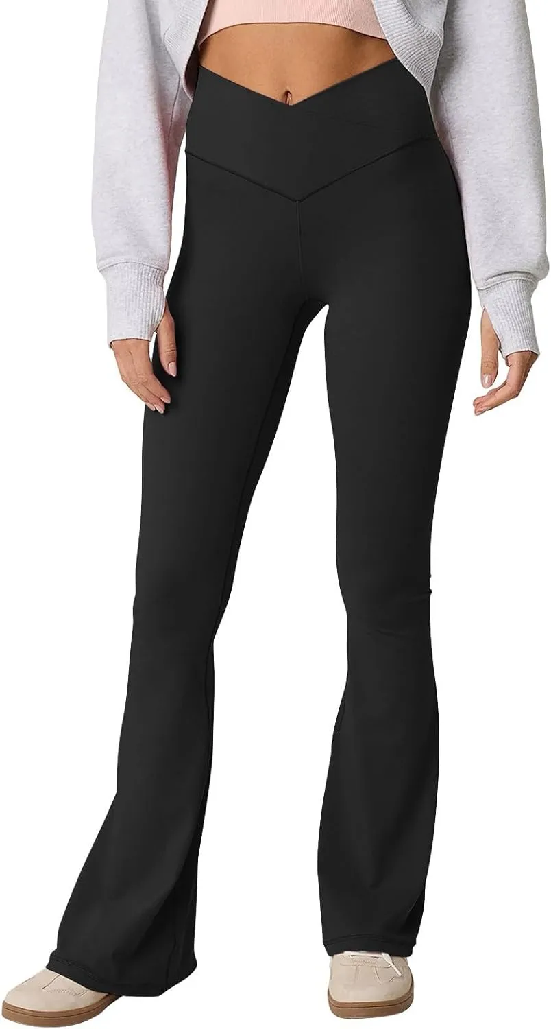 Womens Flare Leggings Cross Over High Waisted Leggings Trouser Style Flared Yoga Pants Gym Workout Running Leggings