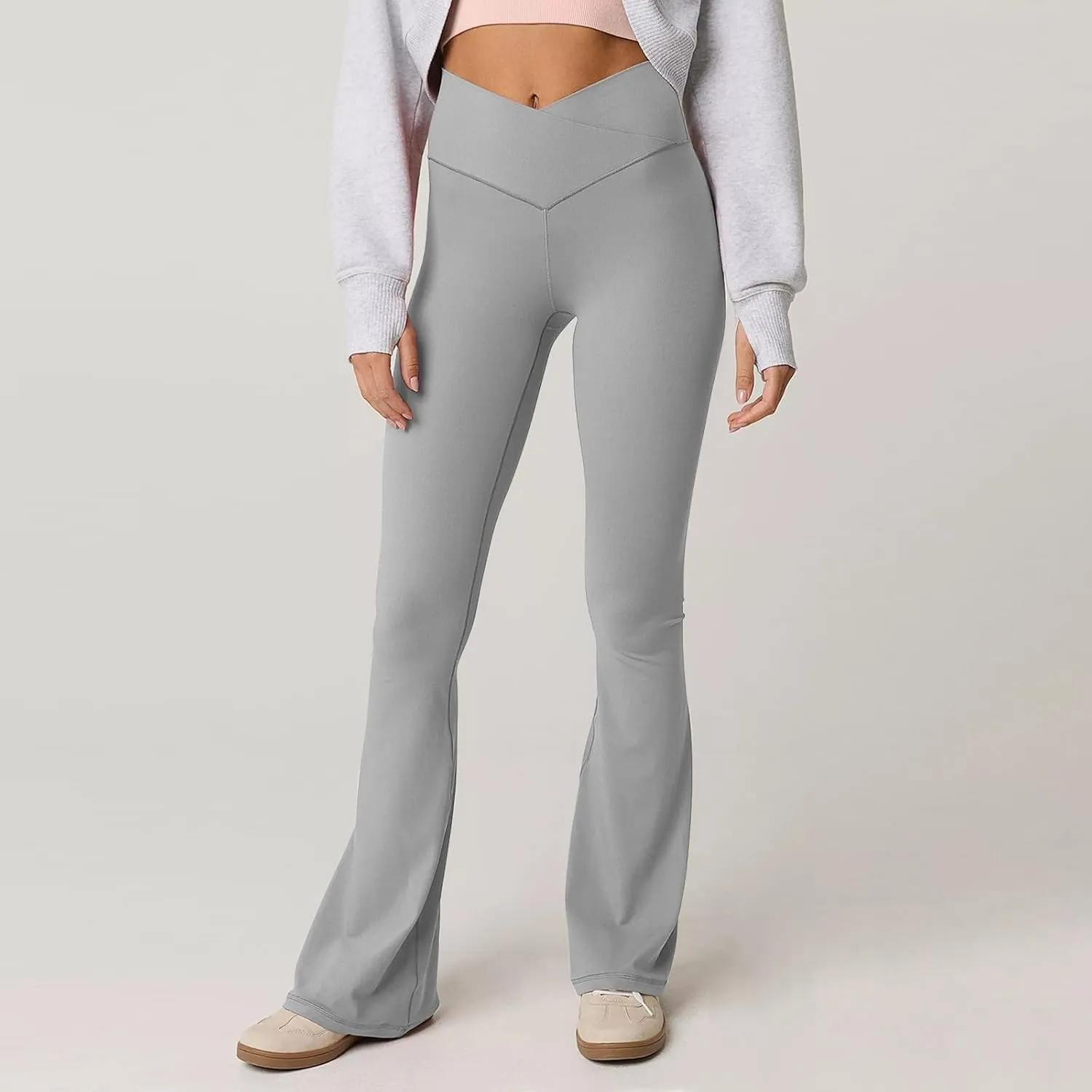 Womens Flare Leggings Cross Over High Waisted Leggings Trouser Style Flared Yoga Pants Gym Workout Running Leggings