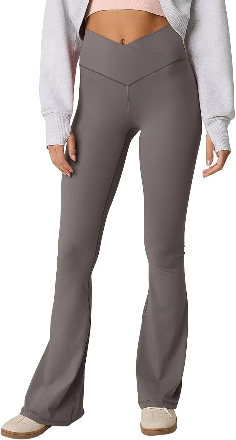 Womens Flare Leggings Cross Over High Waisted Leggings Trouser Style Flared Yoga Pants Gym Workout Running Leggings