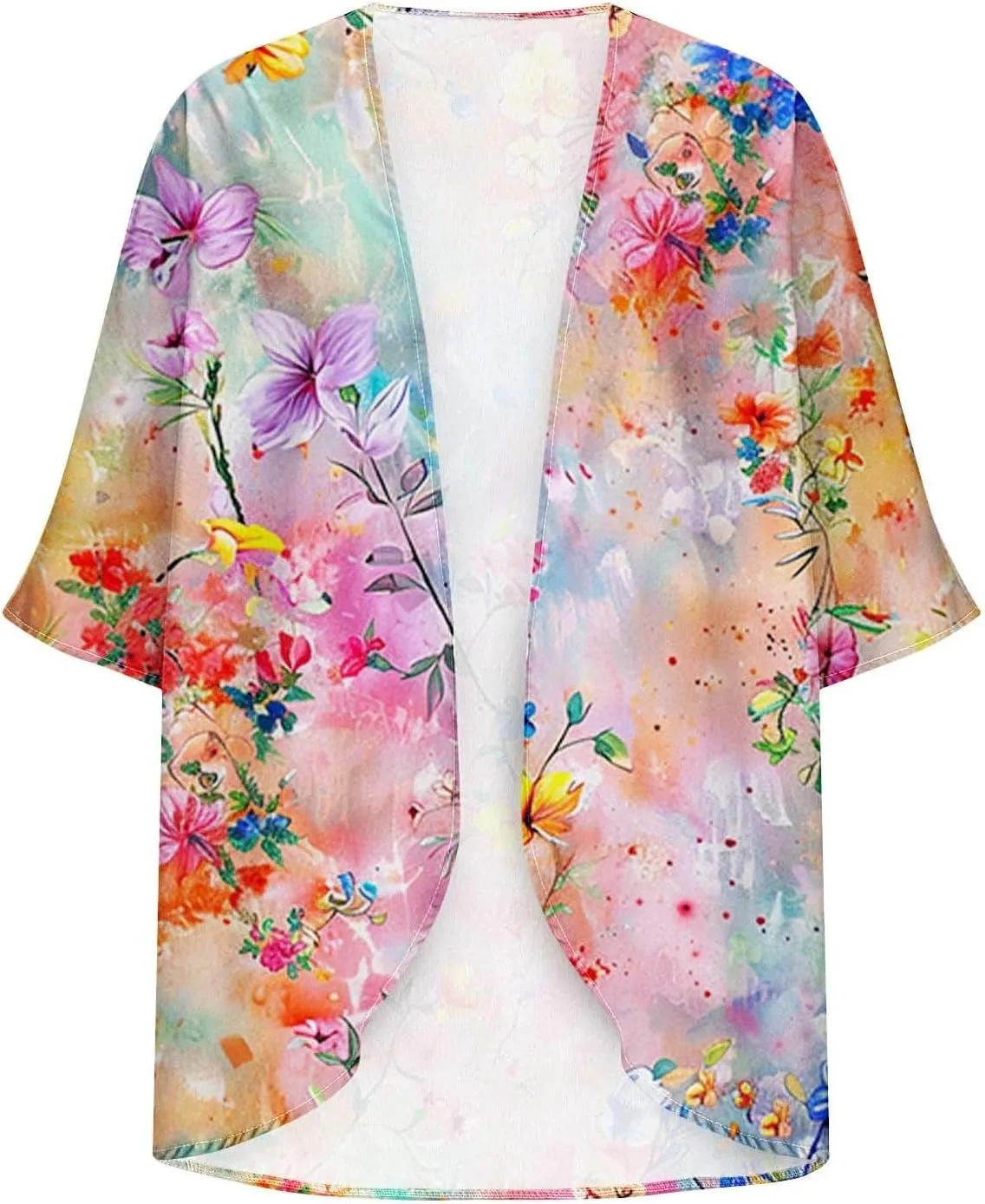 Womens Floral Print Kimonos Loose Patterns Front Open Top Half Sleeve Shawl Chiffon Cardigan Casual Beach Cover Up