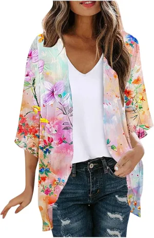 Womens Floral Print Kimonos Loose Patterns Front Open Top Half Sleeve Shawl Chiffon Cardigan Casual Beach Cover Up