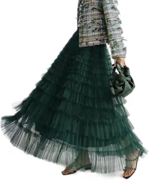 Womens Layered Ruffles Tulle Skirt Pleated High Waist Fluffy Maxi Skirt Fairy Cake Dress Long Tutu Party Skirt