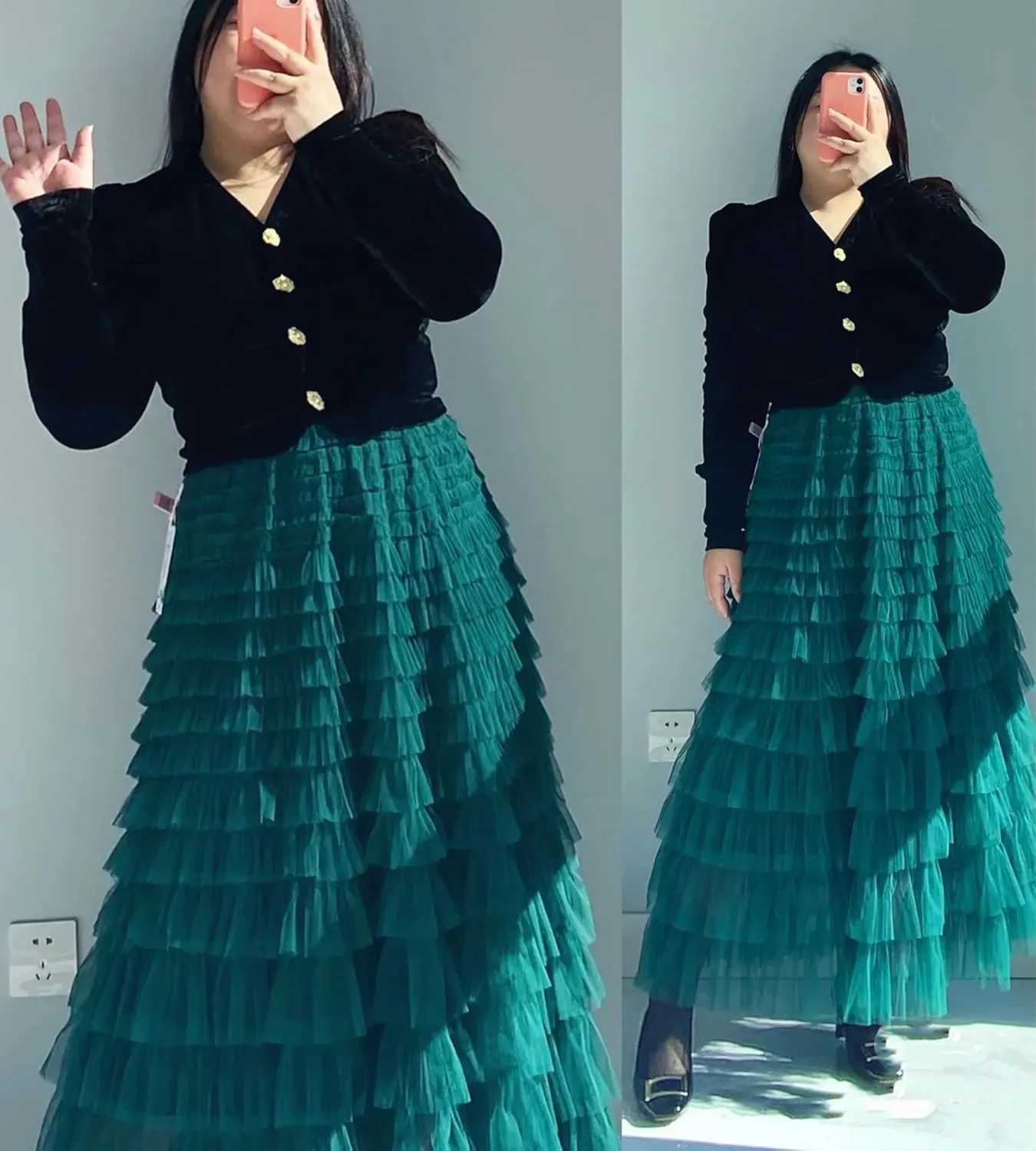Womens Layered Ruffles Tulle Skirt Pleated High Waist Fluffy Maxi Skirt Fairy Cake Dress Long Tutu Party Skirt