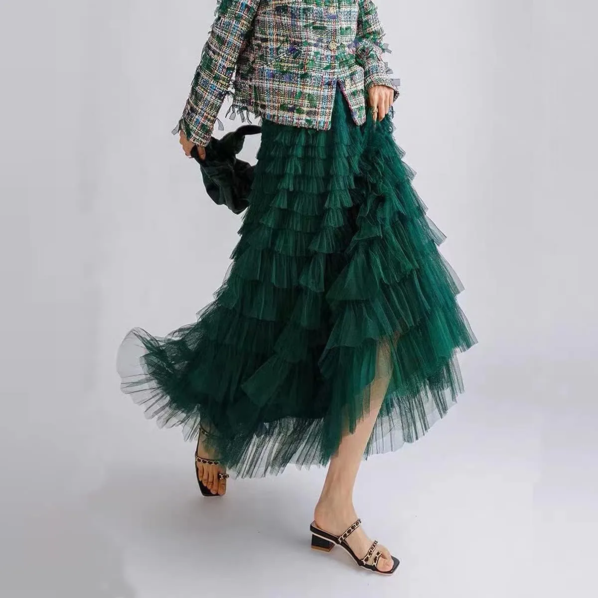 Womens Layered Ruffles Tulle Skirt Pleated High Waist Fluffy Maxi Skirt Fairy Cake Dress Long Tutu Party Skirt