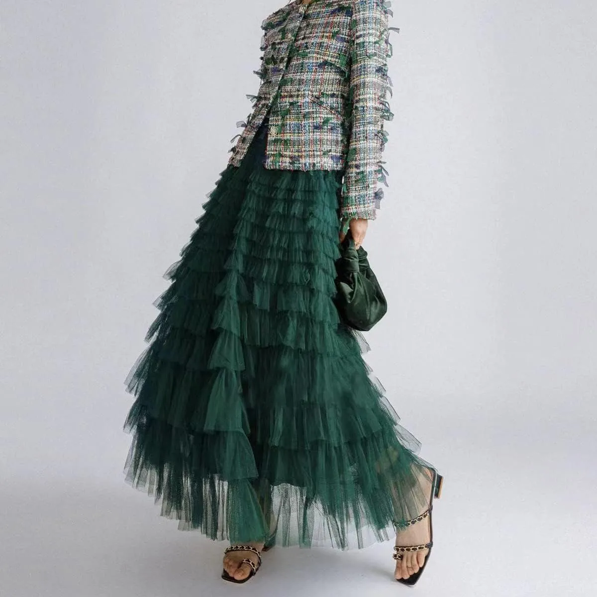 Womens Layered Ruffles Tulle Skirt Pleated High Waist Fluffy Maxi Skirt Fairy Cake Dress Long Tutu Party Skirt