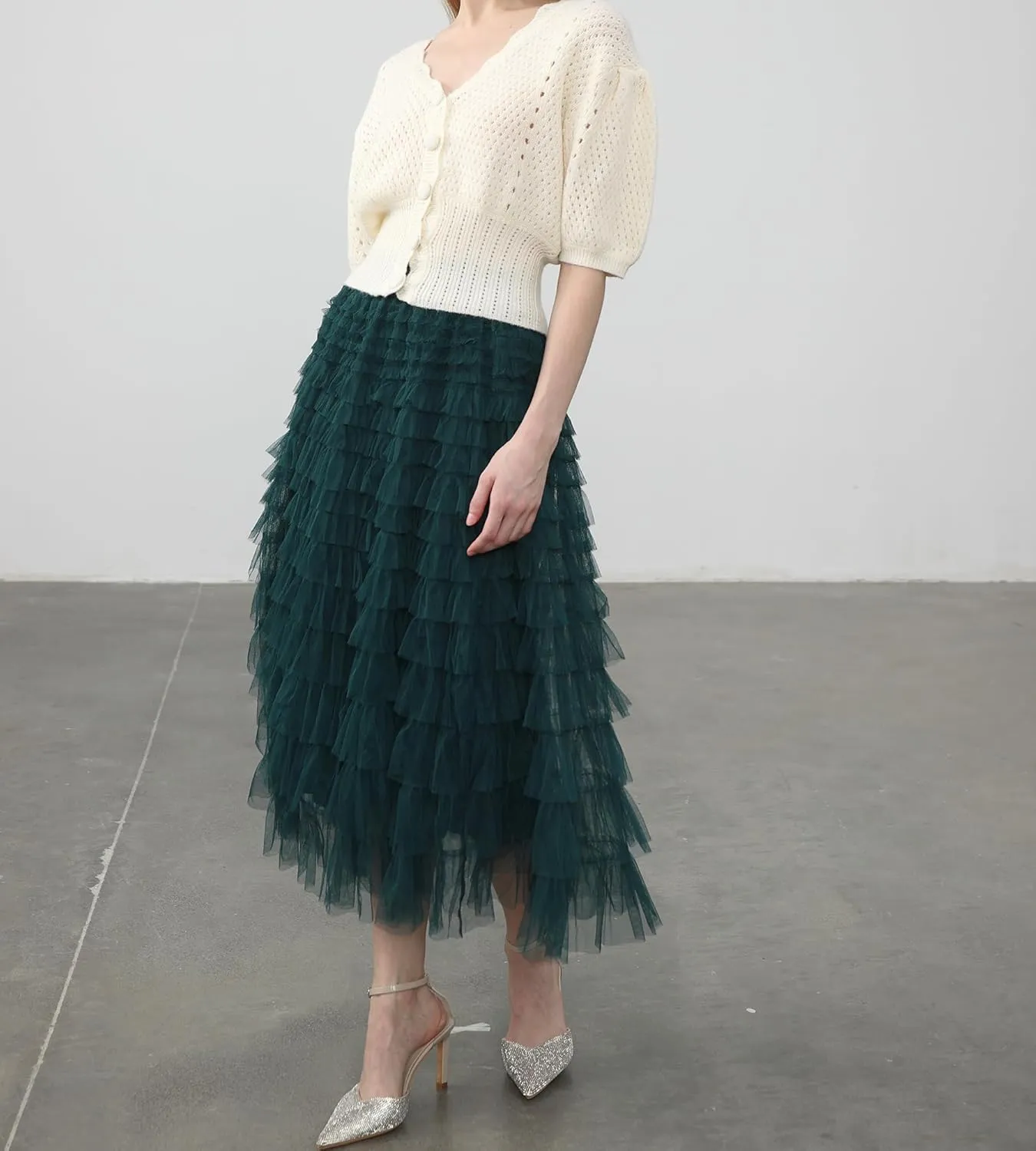 Womens Layered Ruffles Tulle Skirt Pleated High Waist Fluffy Maxi Skirt Fairy Cake Dress Long Tutu Party Skirt
