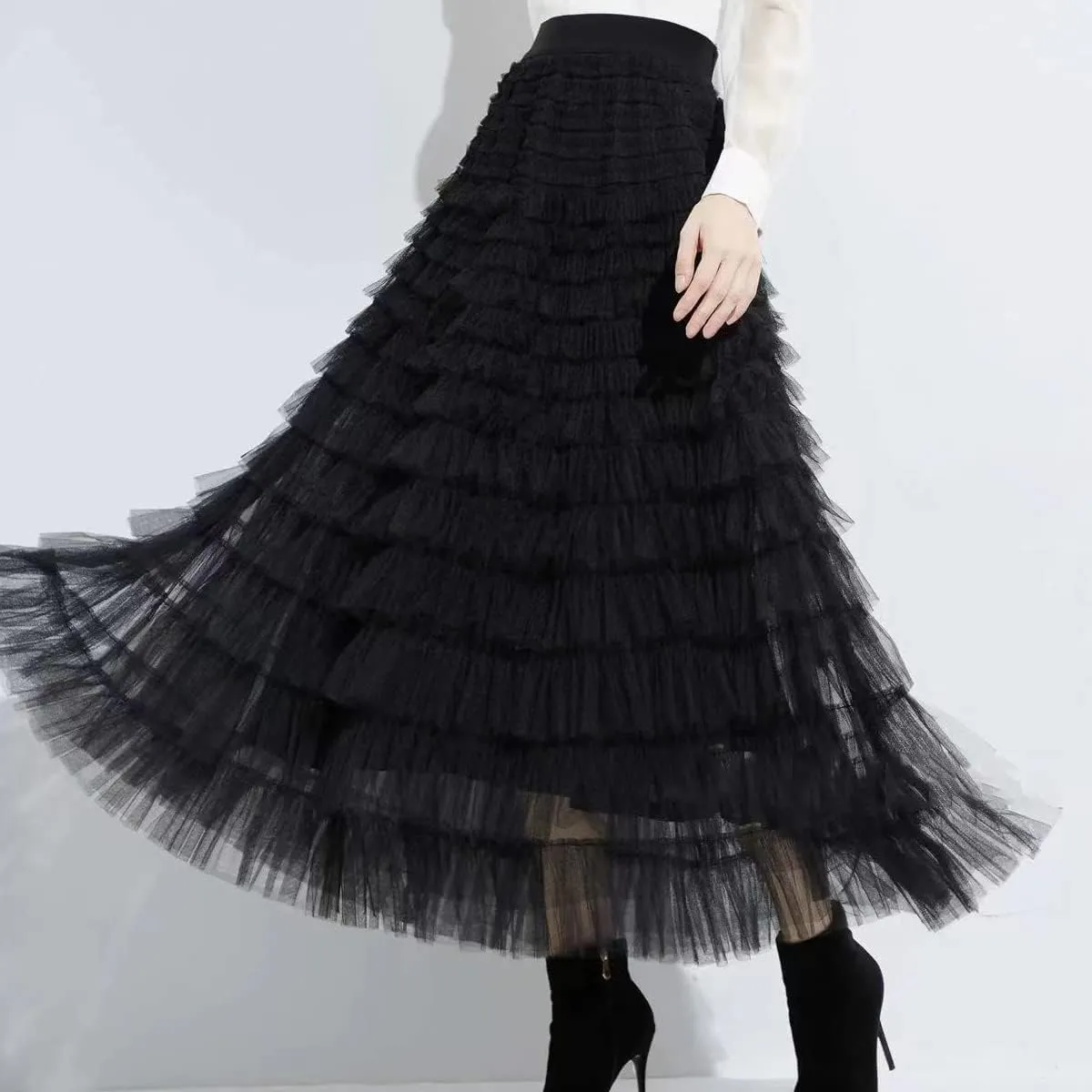 Womens Layered Ruffles Tulle Skirt Pleated High Waist Fluffy Maxi Skirt Fairy Cake Dress Long Tutu Party Skirt