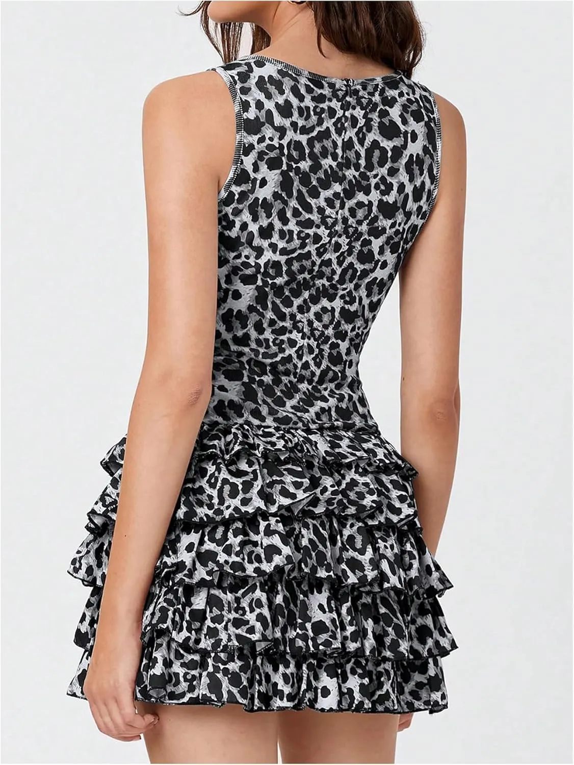 Women's Leopard Print Ruffled Trim Tiered Layer Mini Dress Crew Neck Sleeveless Tank Dresses