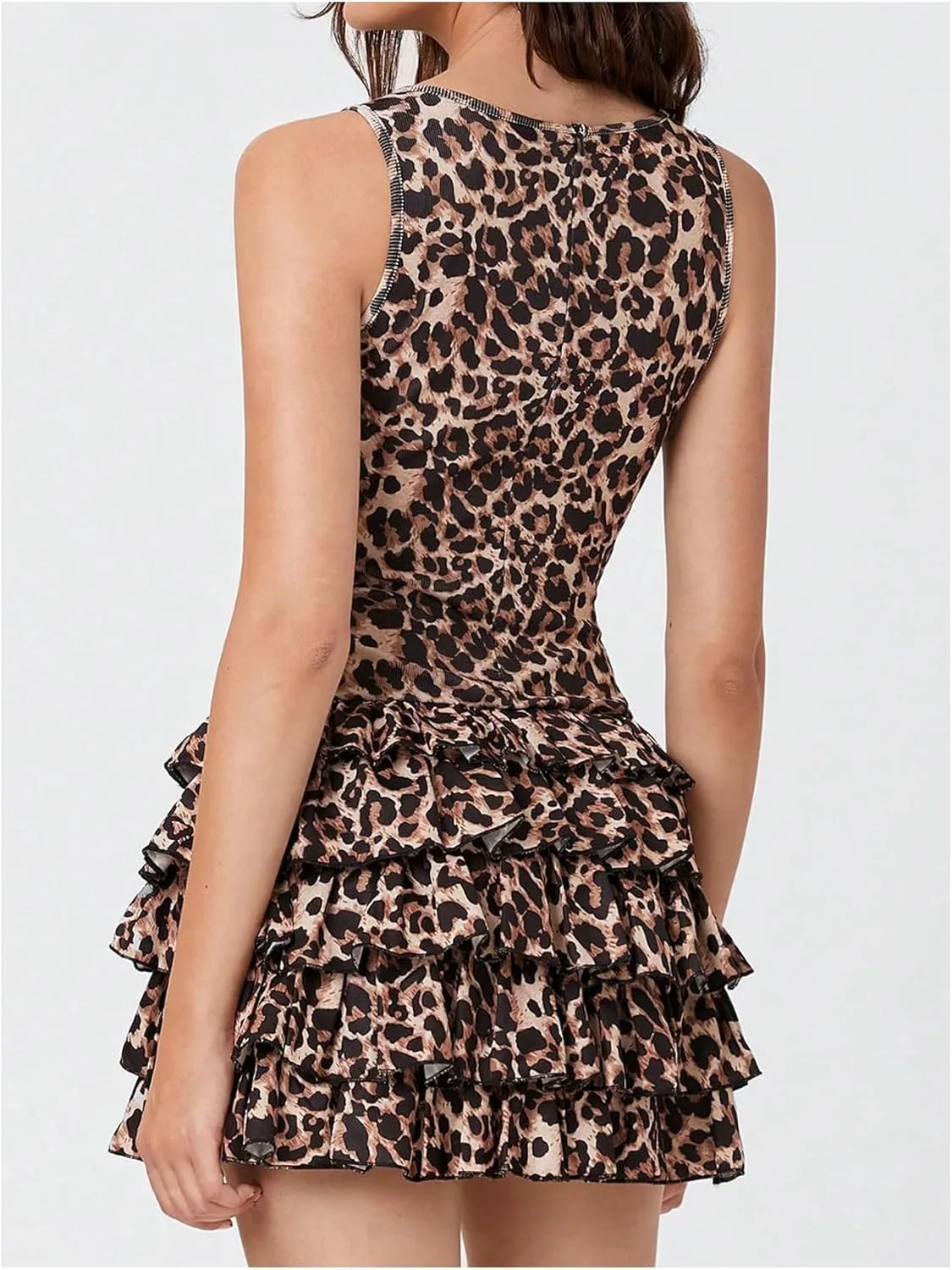 Women's Leopard Print Ruffled Trim Tiered Layer Mini Dress Crew Neck Sleeveless Tank Dresses